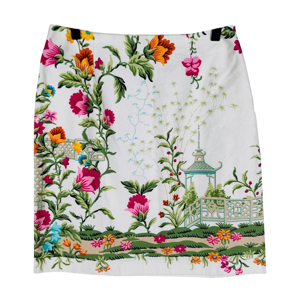 Vtg Talbots Pencil Skirt Womens 8P White Chinoiserie Floral Pagoda Print Petite